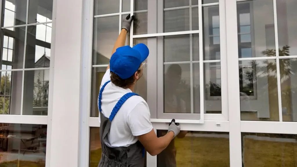 worker installing window screen multi pane